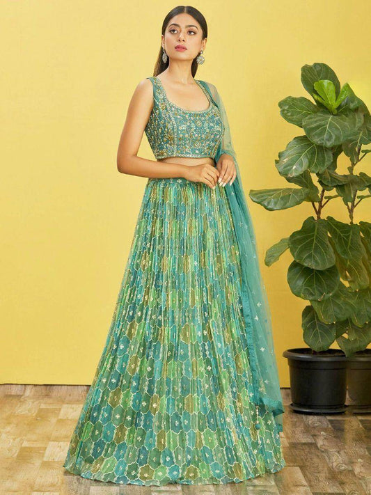 Stunning Sea Green Mirror Work Organza Wedding Lehenga Choli - Zeel Clothing