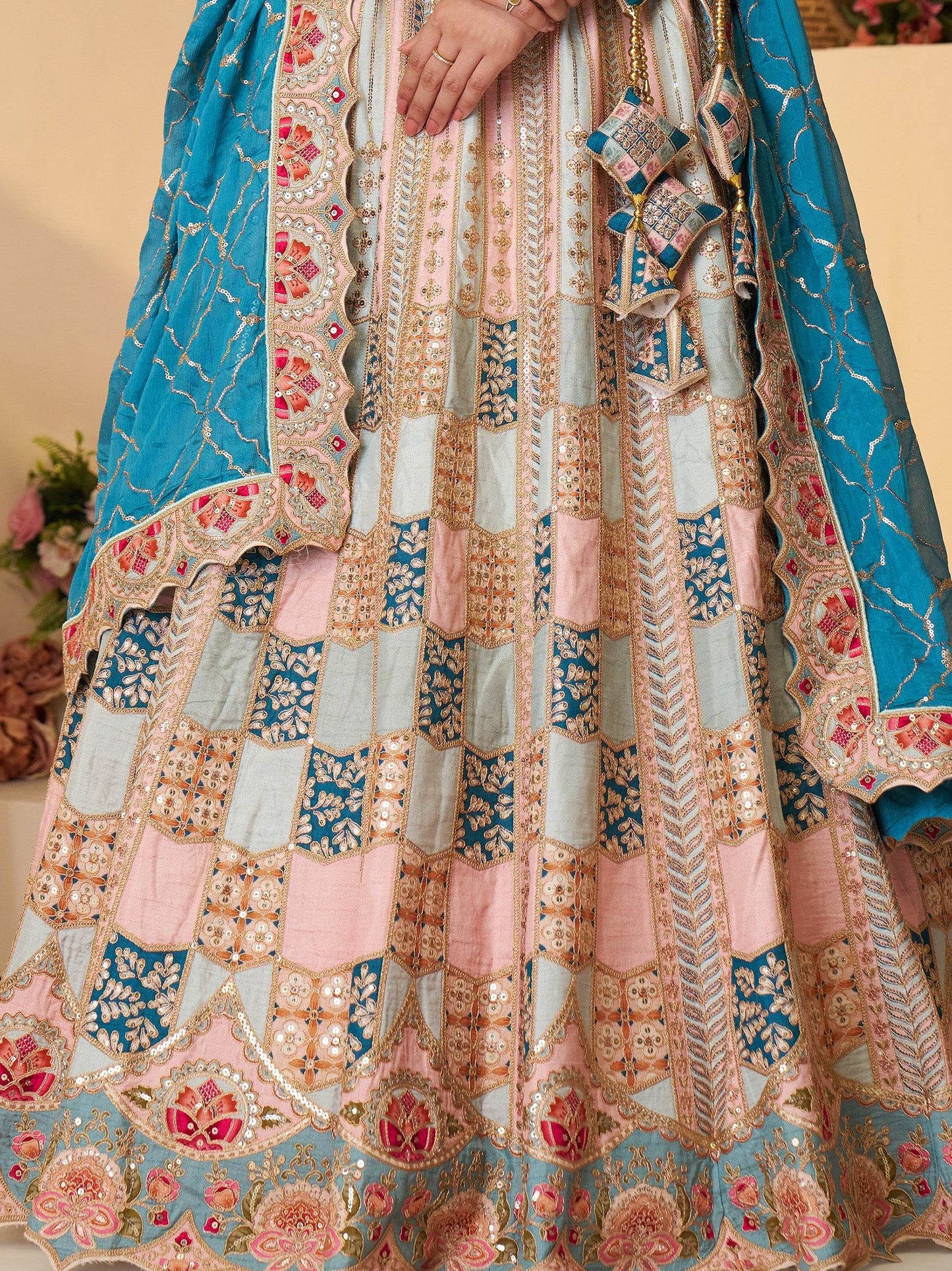 Stunning Sky-Blue Thread Work Dola Silk Wedding Lehenga Choli - Zeel Clothing