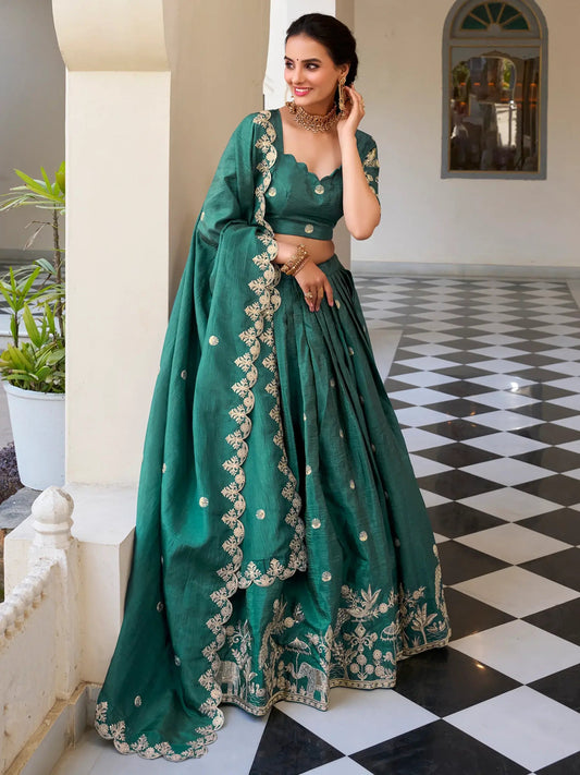 Stunning Teal Green Thread Embroidered Crush Silk Festive Wear Lehenga Choli - Zeel Clothing