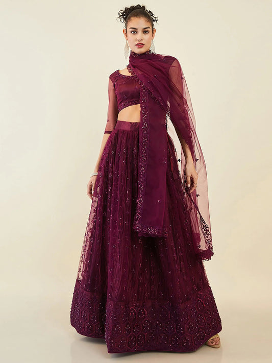 Stunning Wine Embroidered Net Wedding Wear Lehenga Choli With Dupatta - Zeel Clothing