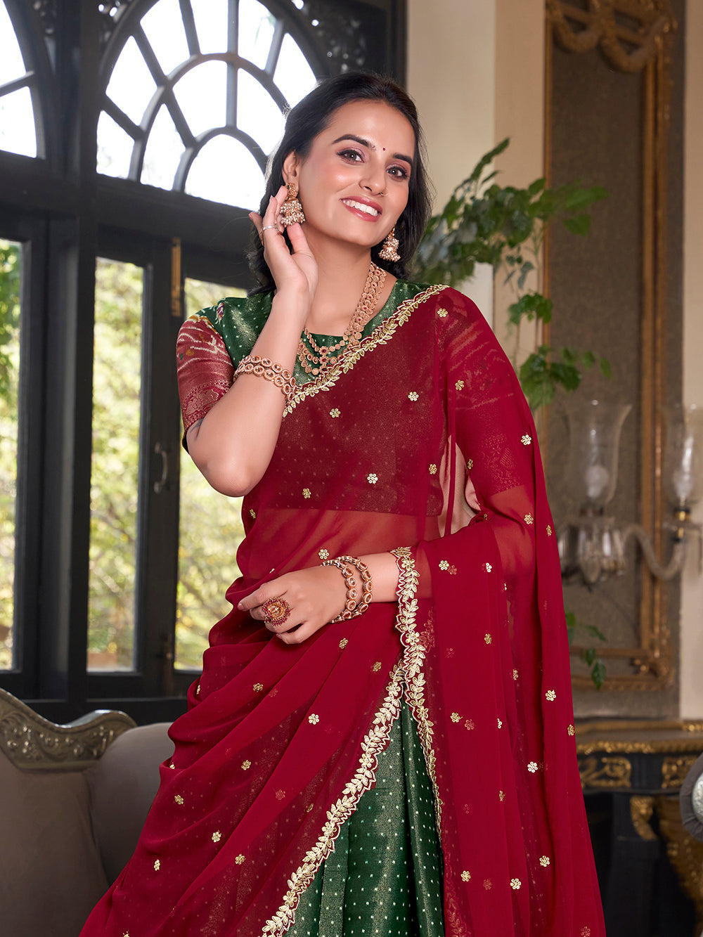 Green Color Printed With Zari Weaving Work Kanchipuram Lehenga Choli