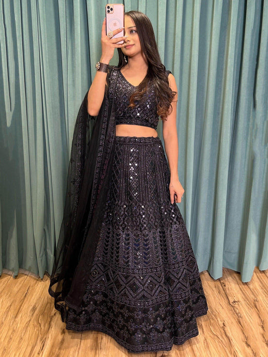 Superb Black Sequins Net Designer Lehenga Choli With Dupatta - Zeel Clothing