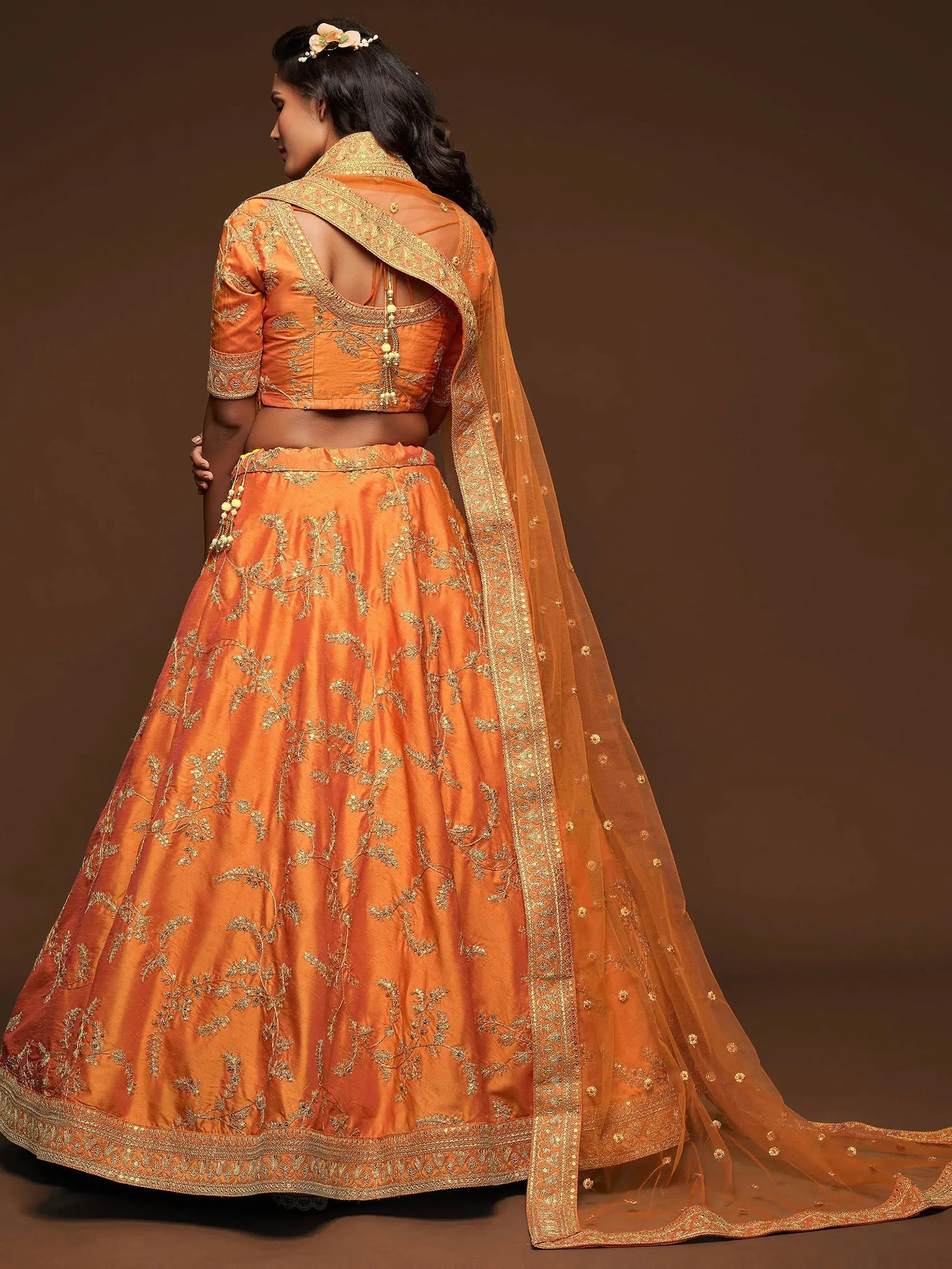 Superior Orange Thread Embroidery Art Silk Wedding Lehenga Choli - Zeel Clothing