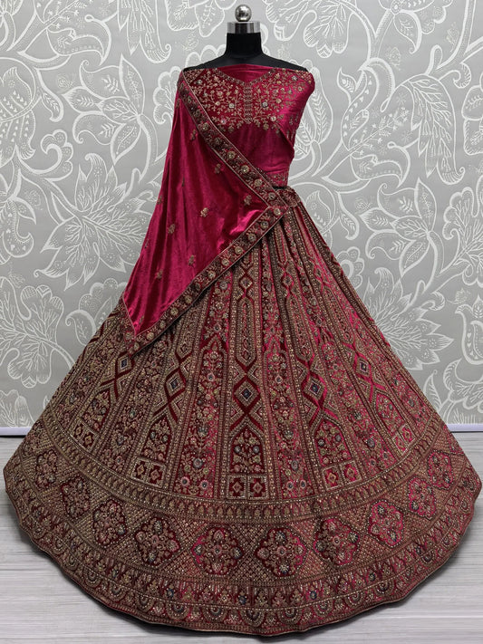 Sweet Pink Dori Work Velvet Bridal Lehenga Choli With Double Dupatta - Zeel Clothing