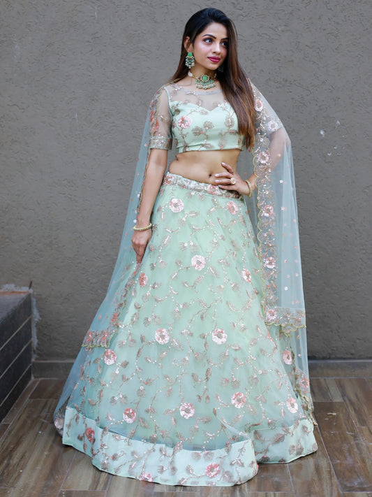 Sweet Pista Green Thread Embroidered Net Designer Lehenga Choli - Zeel Clothing