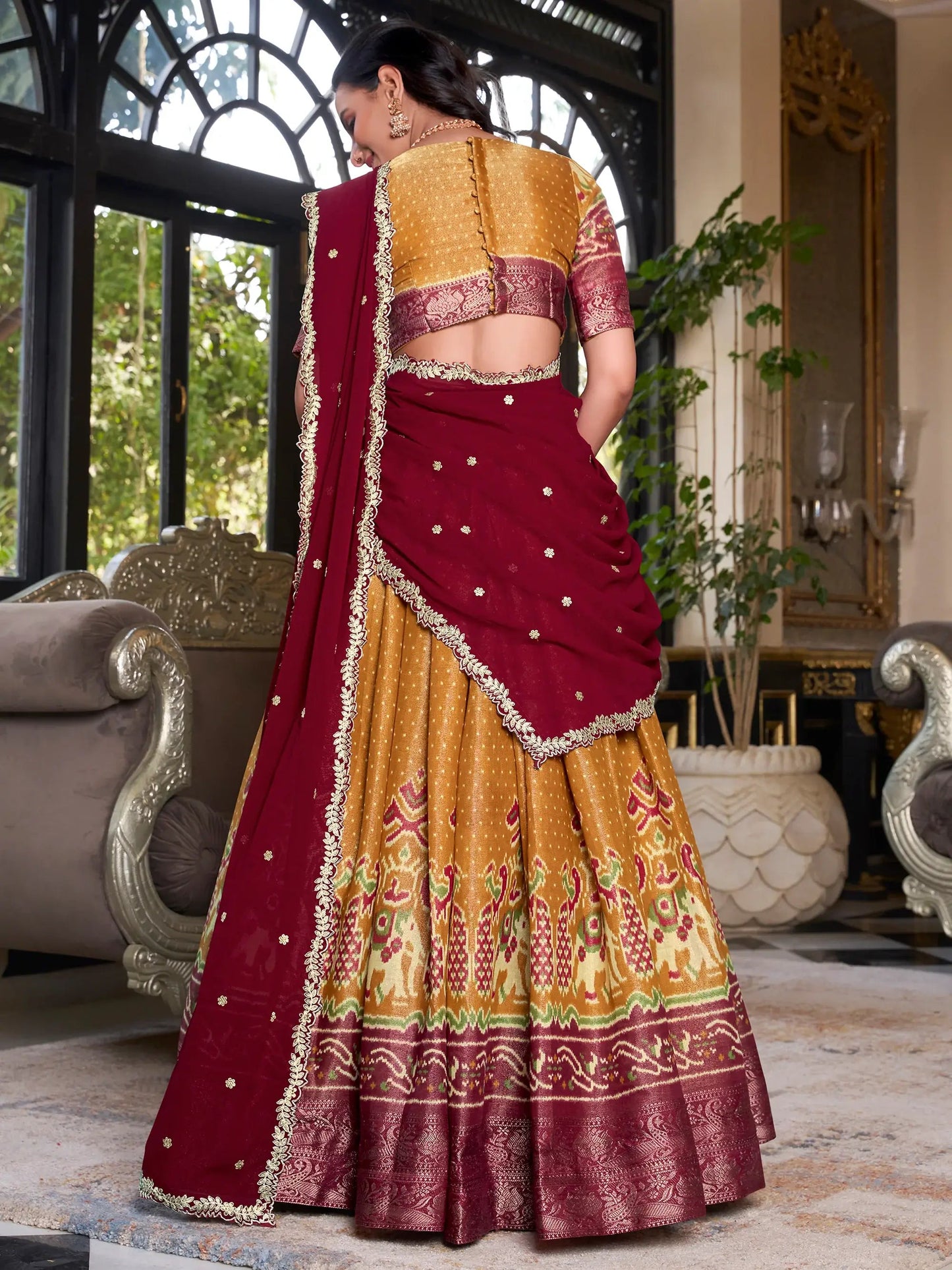 Tantalizing Mustard Yellow Patola Printed Kanchipuram Lehenga Choli - Zeel Clothing