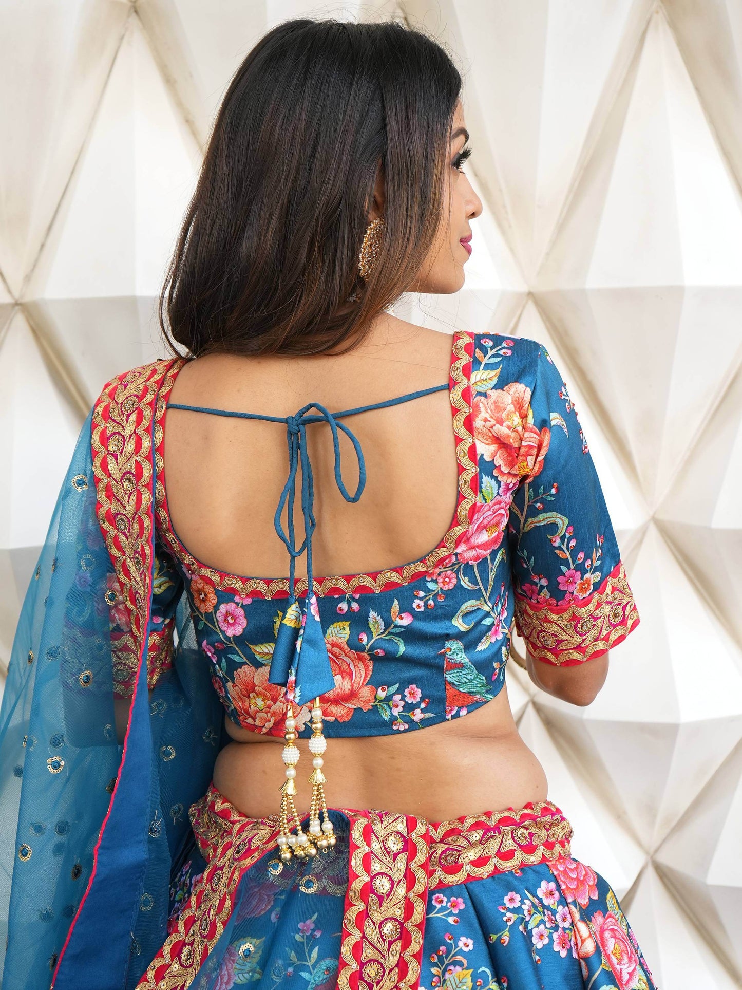 Teal Blue Floral Printed Art Silk Wedding Wear Lehenga Choli - Zeel Clothing