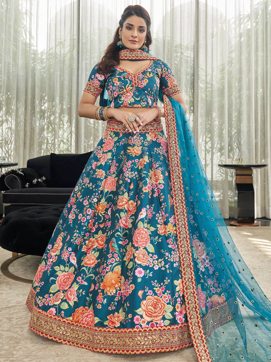 Teal Blue Floral Printed Art Silk Wedding Wear Lehenga Choli - Zeel Clothing