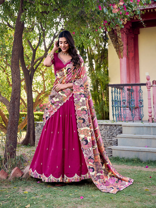 Pink Color Sequins And Thread Embroidery Work Vichitra Silk Lehenga