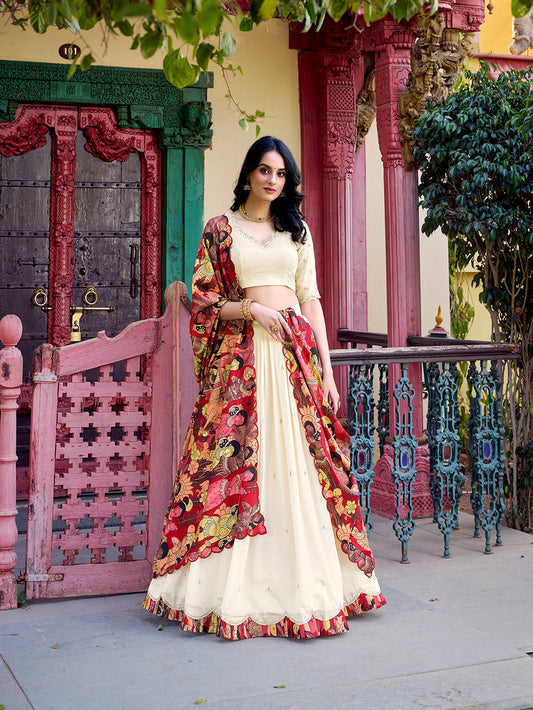 Off White Color Sequins And Thread Embroidery Work Vichitra Silk Lehenga
