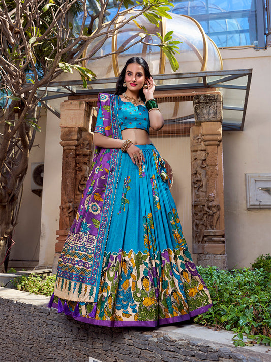 Firozi Color Kalamkari Print With Foil Work Tussar Silk Lehenga Choli