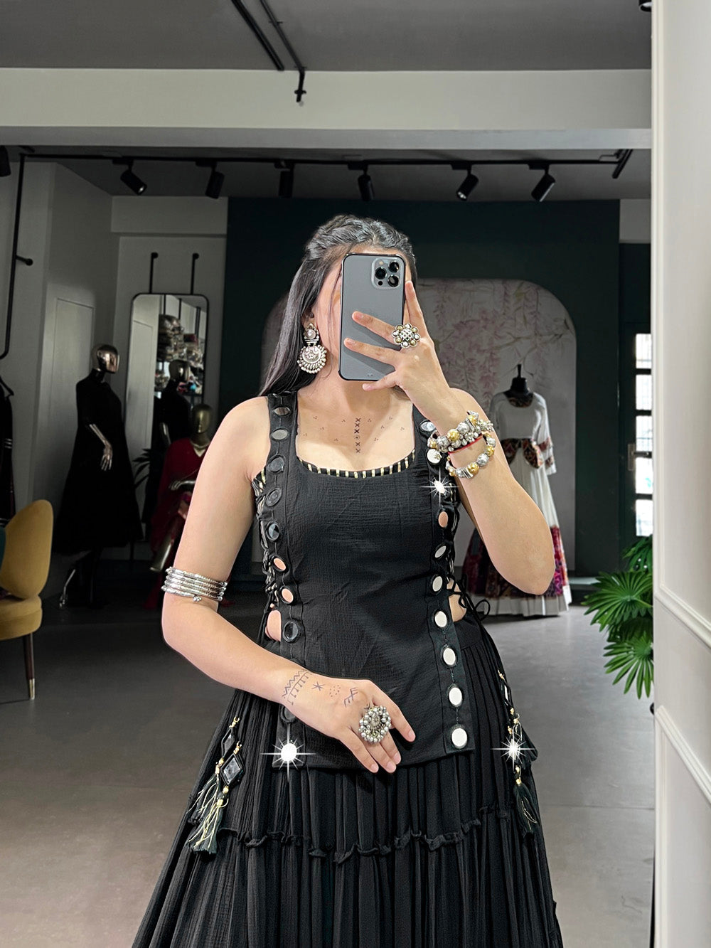 Black Color Embossed Design Lace Border Marbel Chaniya Choli