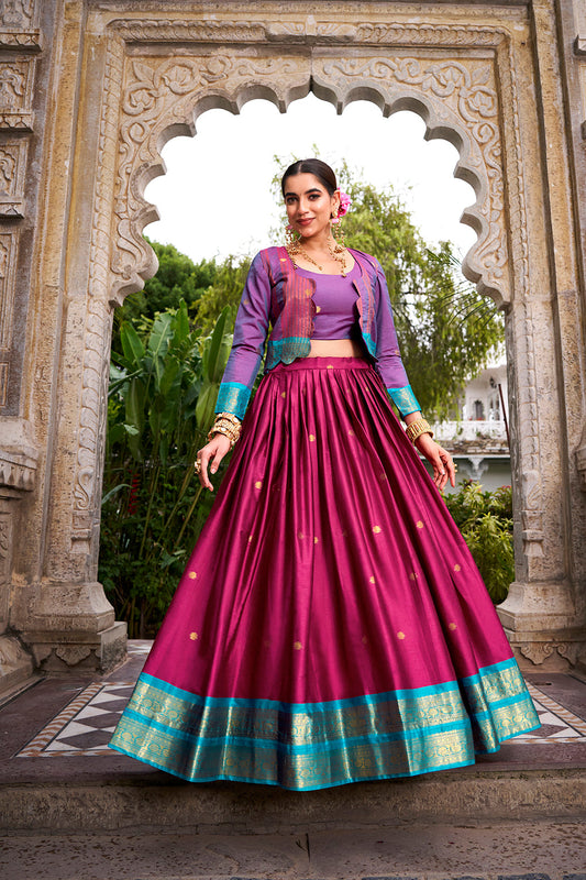 Pink Color Zari Weaving Work Poly Cotton Lehenga Choli