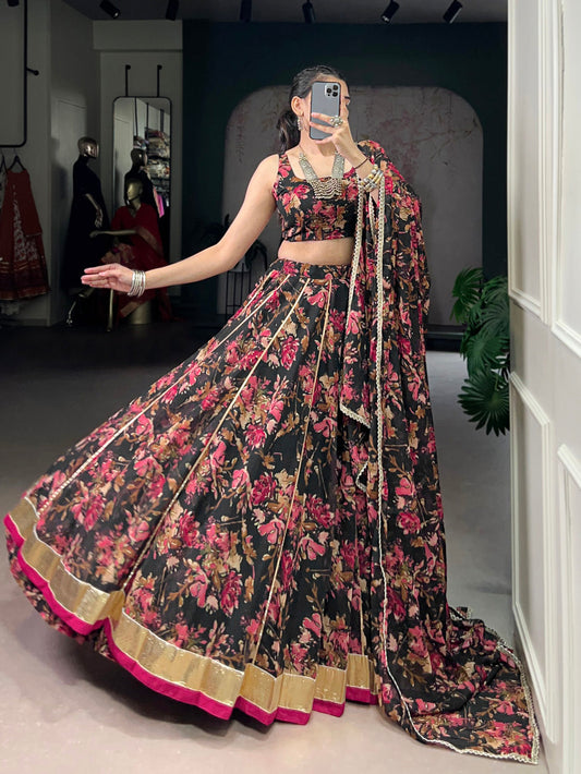 Black Color Floral And Foil Print With Embossed Design Chiffon Ghaghra choli