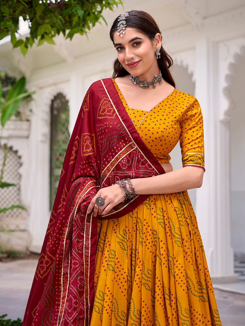 Yellow Color Bandhej Print With Gotta Patti Lace Tasar Silk Lehenga Choli