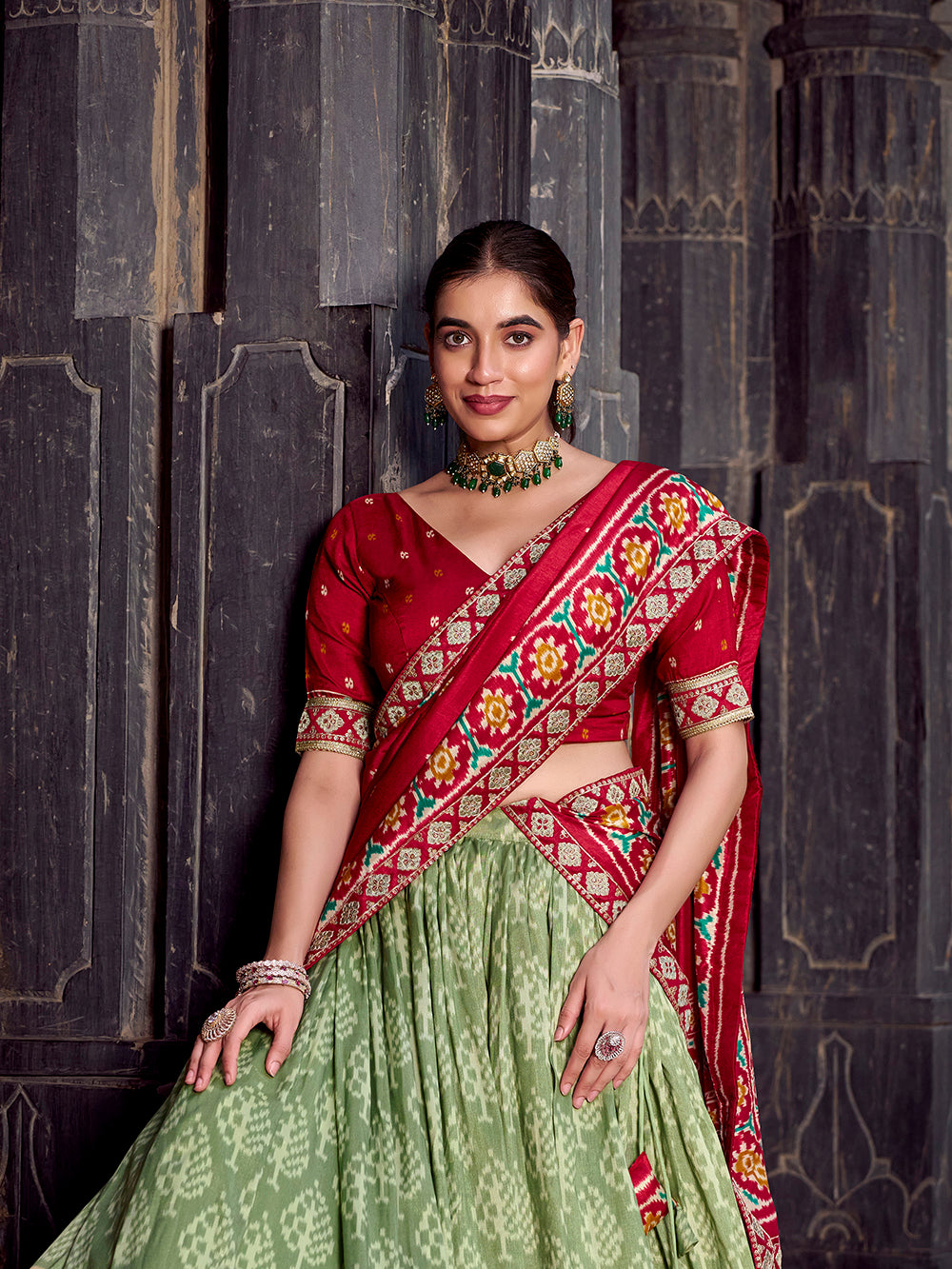See Green Color Ikkat Patola Printed Tasar Silk Lehenga Choli