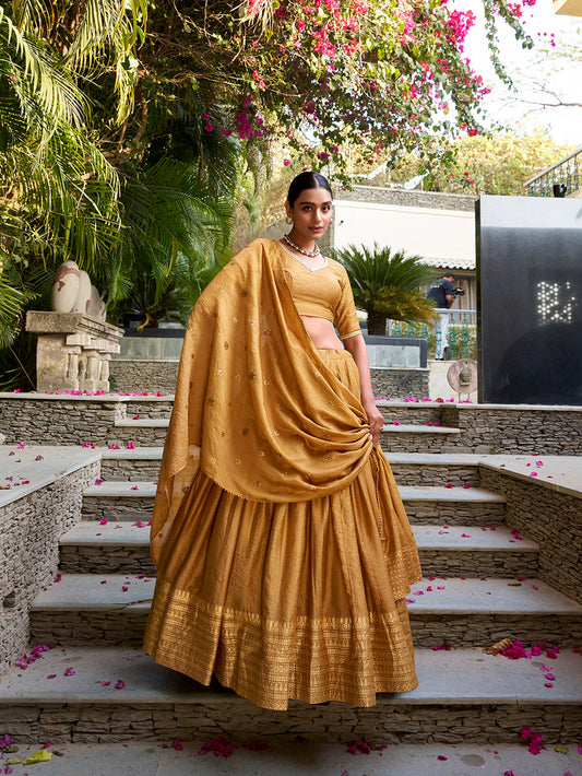 Mustard Color Plain With Zari Weaving Work Chanderi Lehenga Choli