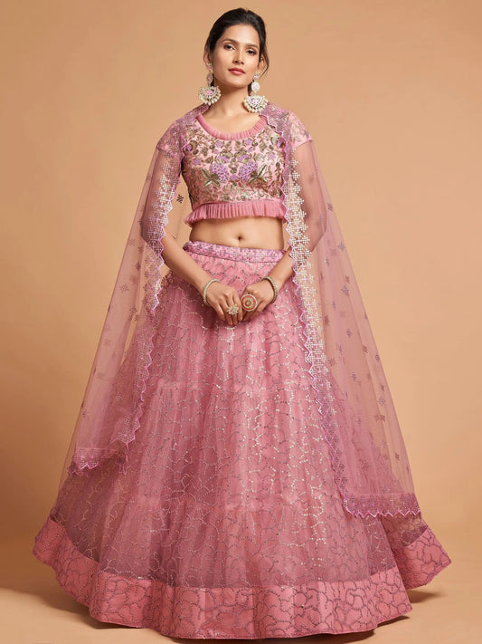 Unique Blush Pink Thread Embroidered Net Party Wear Lehenga Choli - Zeel Clothing