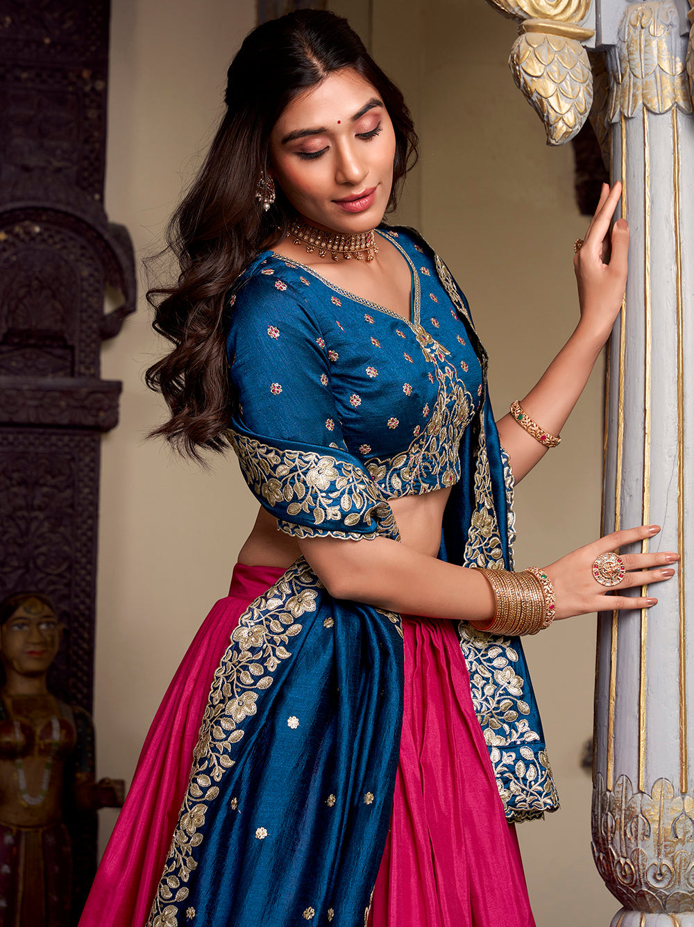 Pink Color Printed With Foil Work Tussar Silk Lehenga Choli