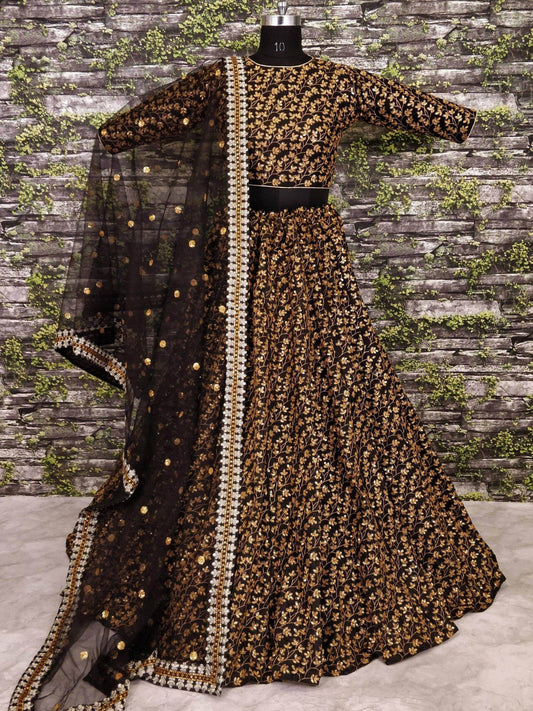 Vine Pattern Golden Sequins Black Silk Lehenga Choli Set - Zeel Clothing