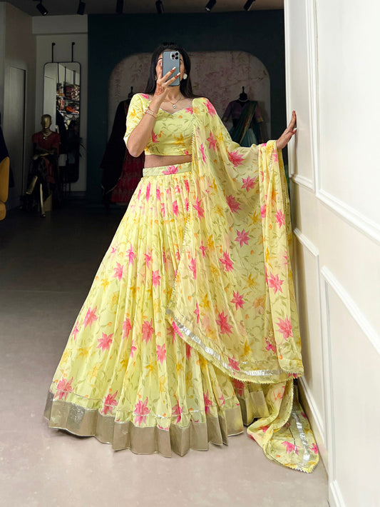 Yellow Color Floral Print With Lace Border Tabby Silk Lehenga Choli