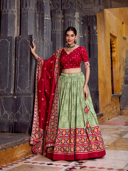 See Green Color Ikkat Patola Printed Tasar Silk Lehenga Choli