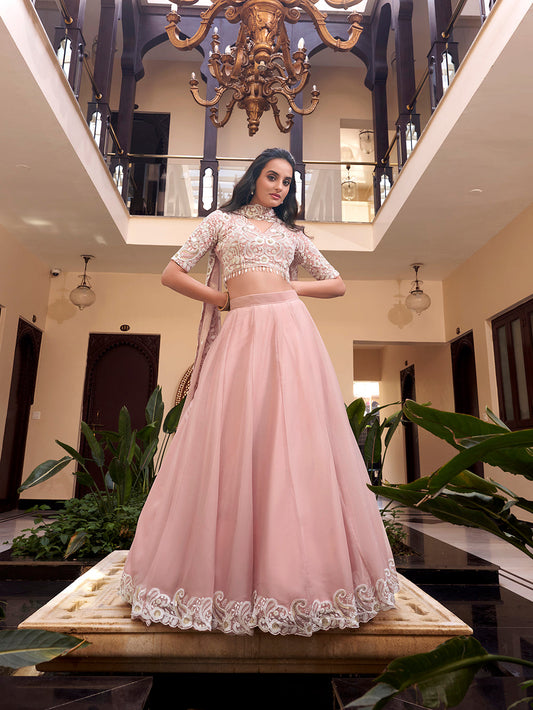 Pastel Pink Color Pearl Coding And Sequins Embroidery Work Weone Silk Lehenga Choli