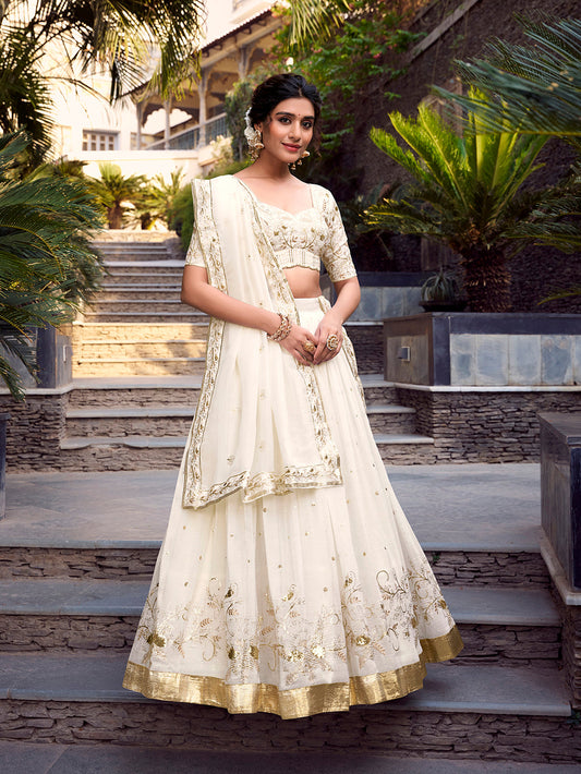 Off White Color Sequins And Embroidery With Foil Work Silver Glosy Lehenga Choli