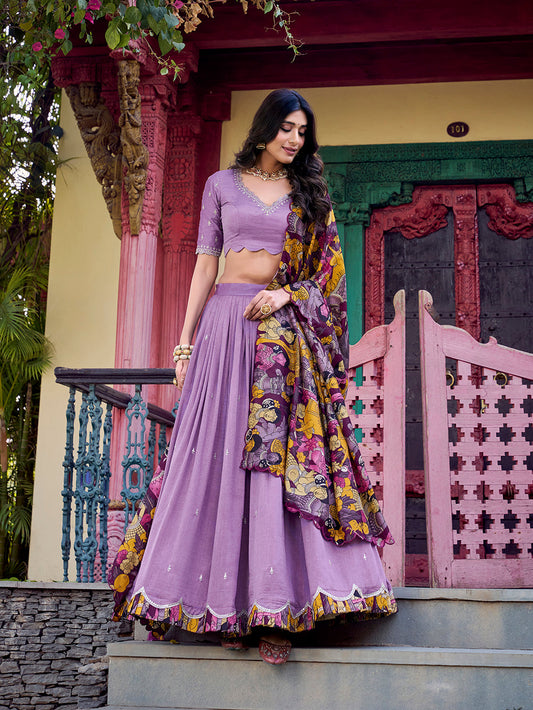 Lavender Color Sequins And Thread Embroidery Work Vichitra Silk Lehenga