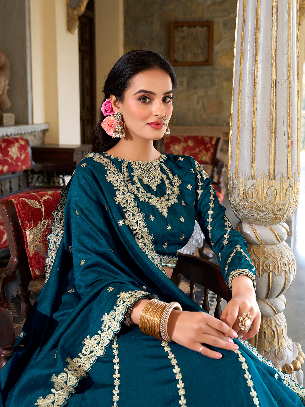 Firozi Color Sequins And Thread Embroidery Work Vichitra Silk Lehenga Choli