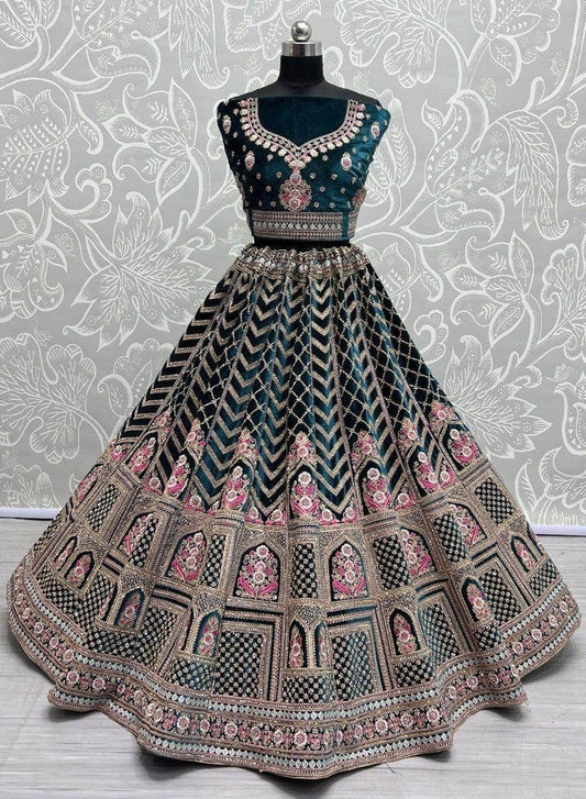 Wonderful Green Multi-Thread Word Velvet Bridal Lehenga Choli - Zeel Clothing