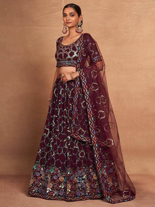 Wonderful Maroon Sequins Georgette Designer Lehenga Choli With Dupatta - Zeel Clothing