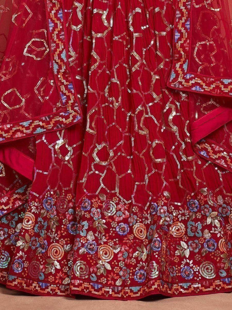 Wonderful Red Sequins Georgette Wedding Wear Lehenga Choli With Dupatta - Zeel Clothing
