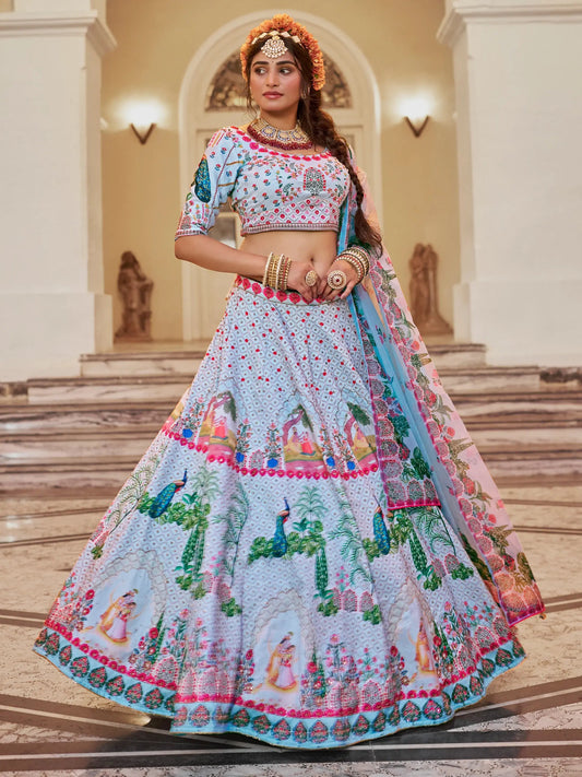 Wonderful Sky-Blue Printed Art Silk Traditional Lehenga Choli - Zeel Clothing