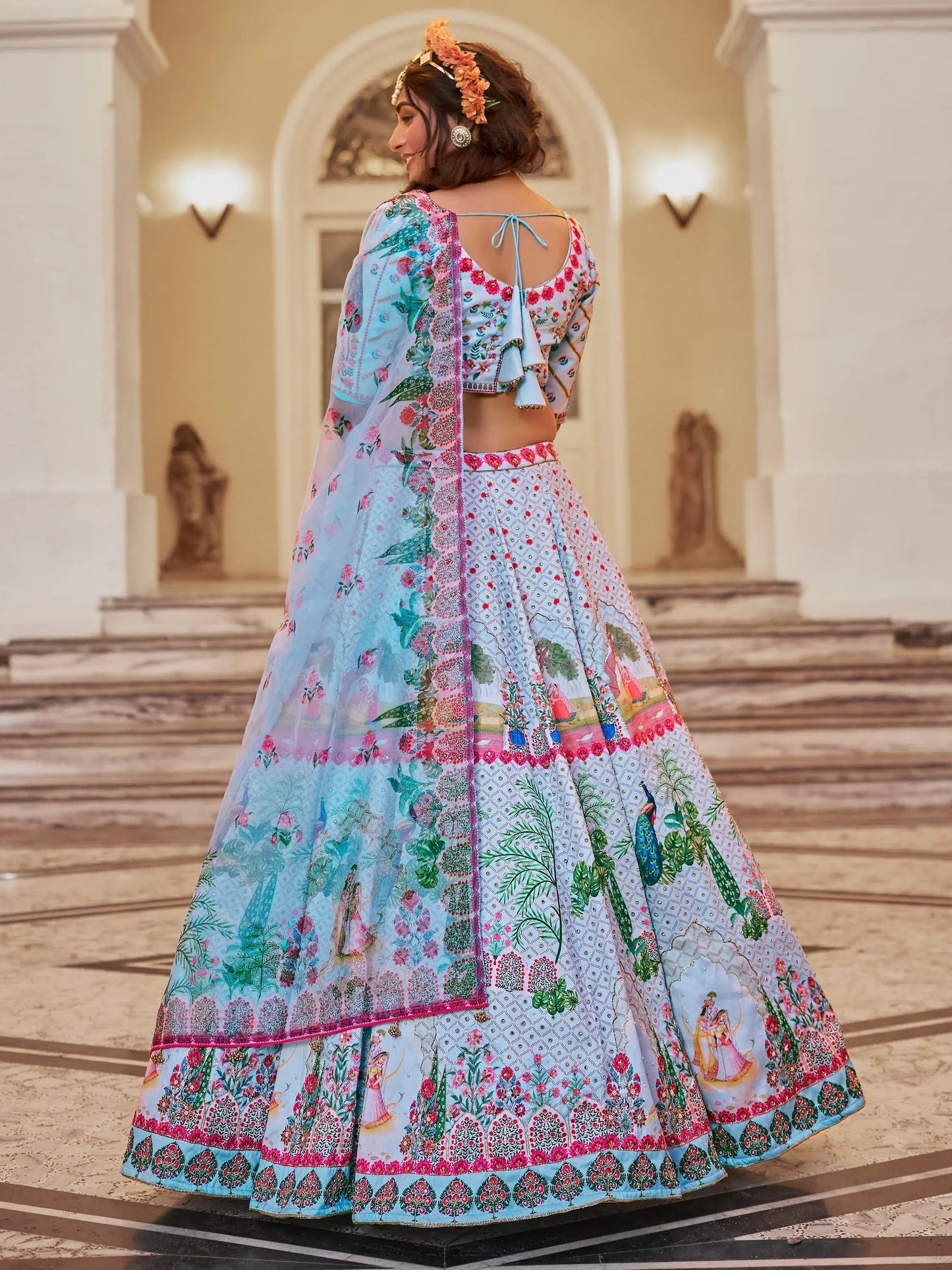 Wonderful Sky-Blue Printed Art Silk Traditional Lehenga Choli - Zeel Clothing