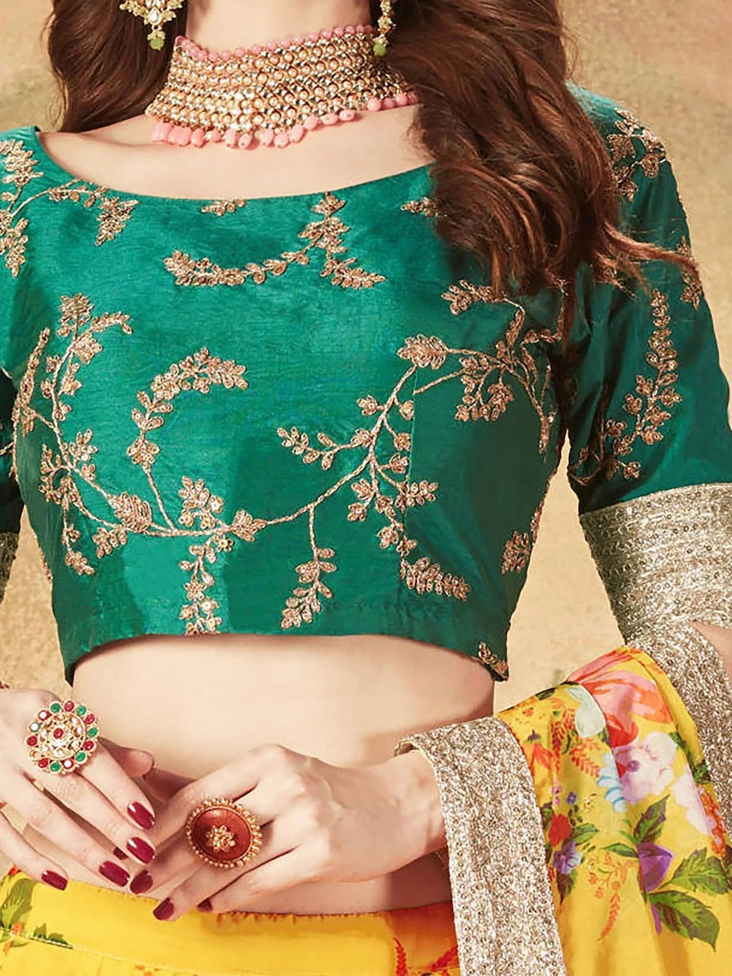 Yellow-Green Floral Digital Printed Organza Bridal Lehenga Choli - Zeel Clothing