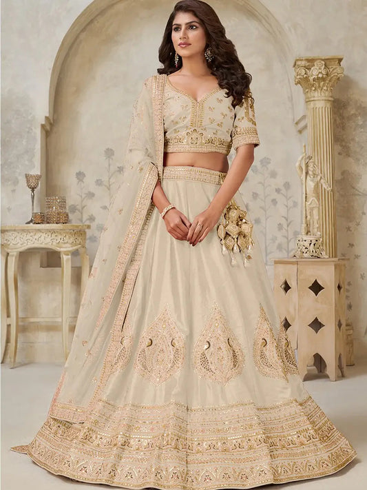 Stunning Beige Embroidered Silk Wedding Wear Lehenga Choli With Dupatta