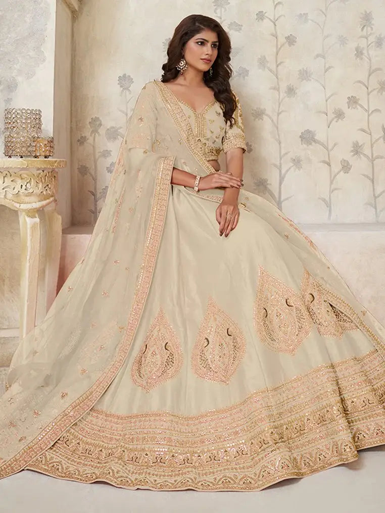 Stunning Beige Embroidered Silk Wedding Wear Lehenga Choli With Dupatta