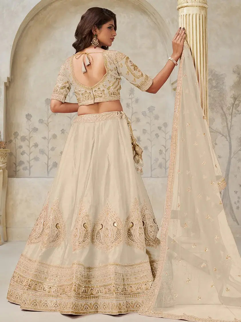 Stunning Beige Embroidered Silk Wedding Wear Lehenga Choli With Dupatta