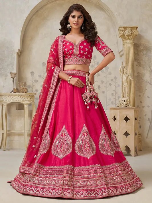 Superb Rani Pink Thread Work Silk Bridesmaid Lehenga Choli With Dupatta