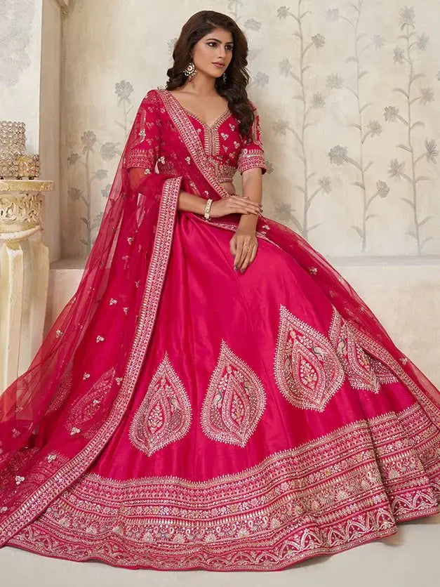 Superb Rani Pink Thread Work Silk Bridesmaid Lehenga Choli With Dupatta