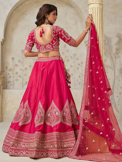 Superb Rani Pink Thread Work Silk Bridesmaid Lehenga Choli With Dupatta