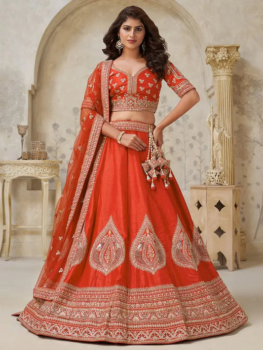 Fabulous Rust Orange Dori Work Silk Evening Wear Lehenga Choli With Dupatta