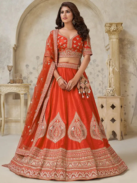 Fabulous Rust Orange Dori Work Silk Evening Wear Lehenga Choli With Dupatta