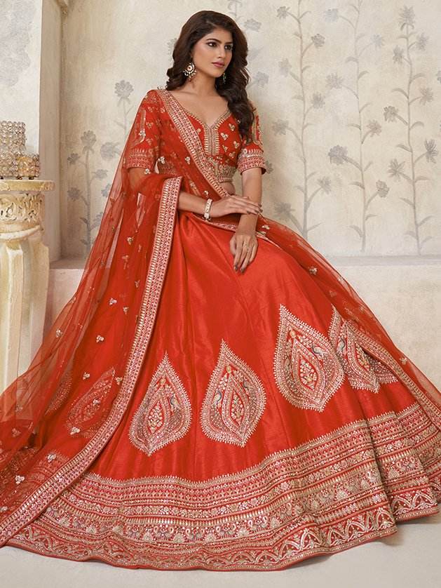 Fabulous Rust Orange Dori Work Silk Evening Wear Lehenga Choli With Dupatta