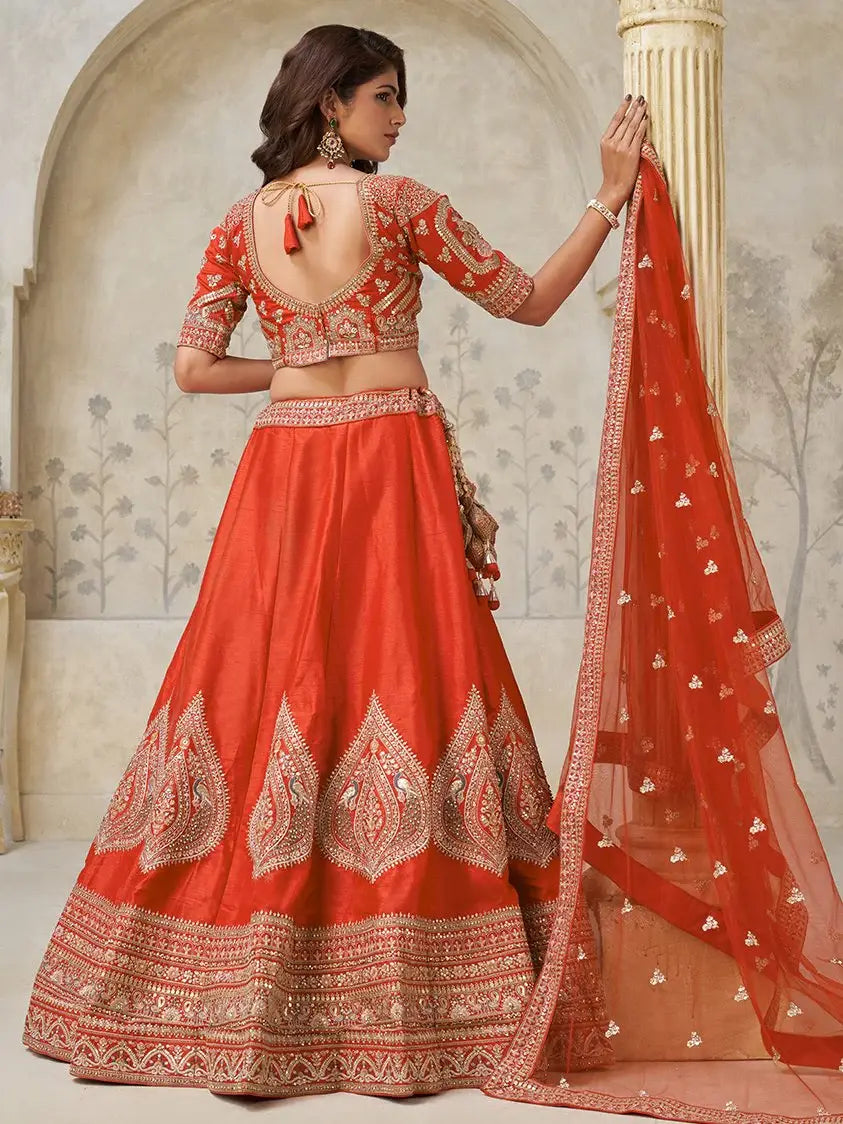 Fabulous Rust Orange Dori Work Silk Evening Wear Lehenga Choli With Dupatta