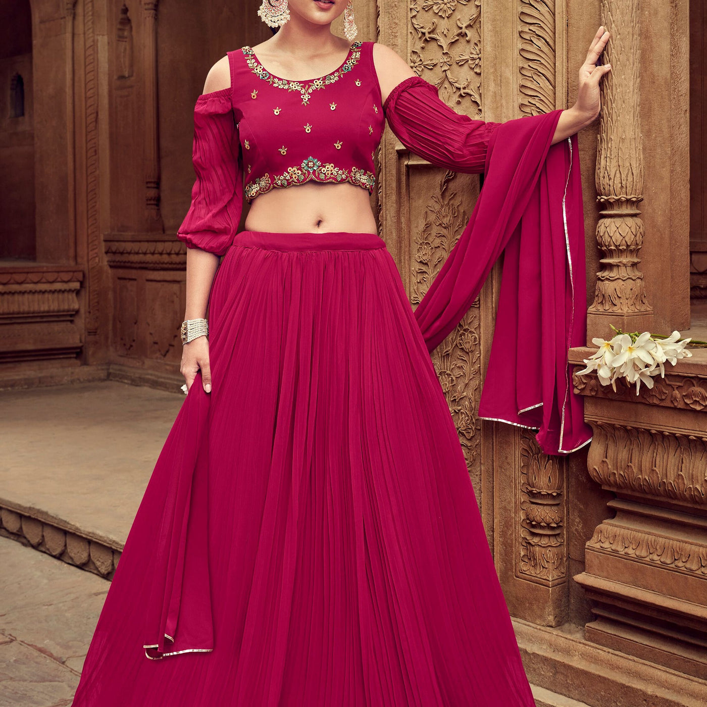 Attractive Rani Pink Embroidered Georgette Wedding Lehenga Choli