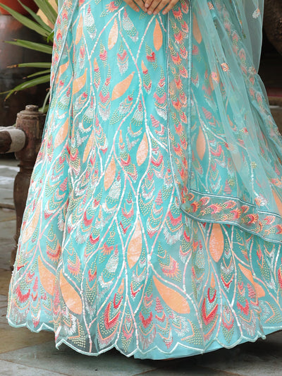 Awesome Sky Blue Sequins Net Bridesmaid Lehenga Choli With Dupatta