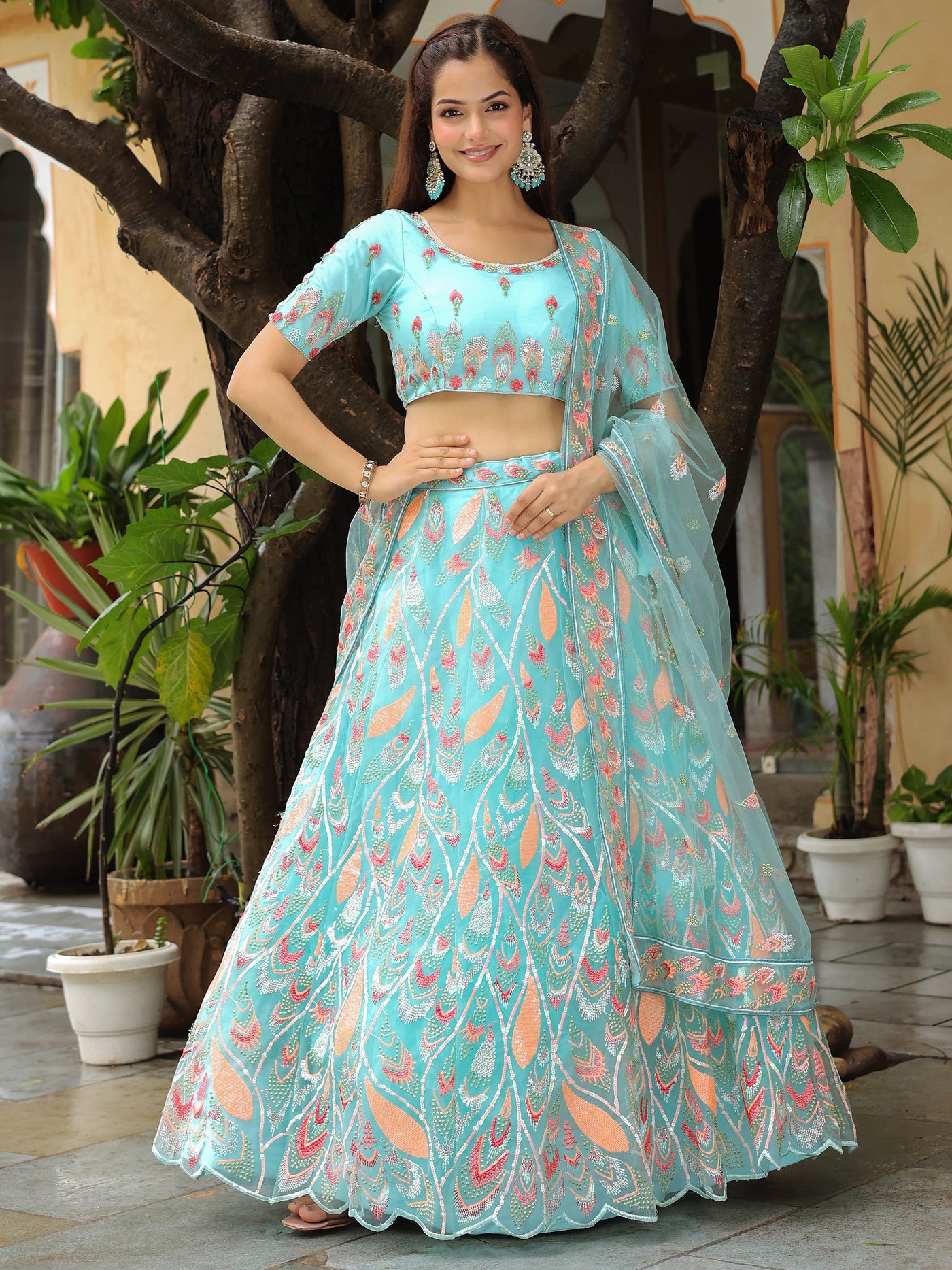 Awesome Sky Blue Sequins Net Bridesmaid Lehenga Choli With Dupatta