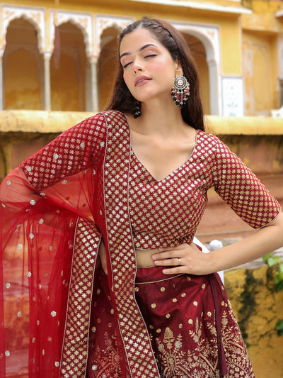 Beautiful Maroon Sequins Raw Silk Bridal Lehenga Choli With Dupatta